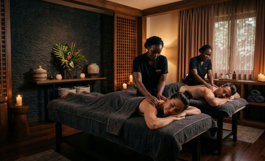 Two people receive shoulder massages on separate tables in a softly lit spa room.