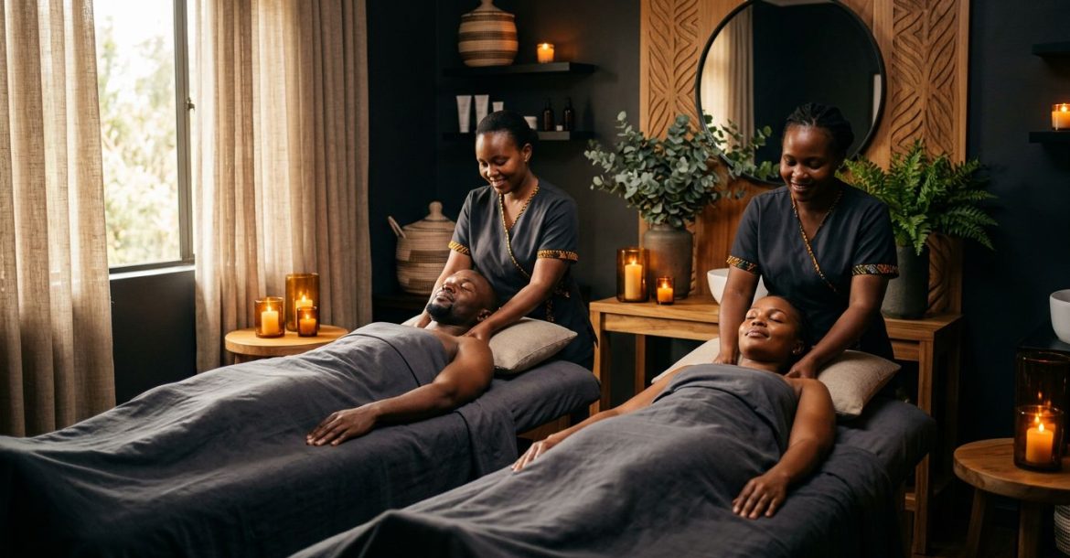 Two people receive synchronized shoulder massages from therapists in a warmly lit spa.