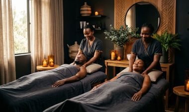 Two people receive synchronized shoulder massages from therapists in a warmly lit spa.