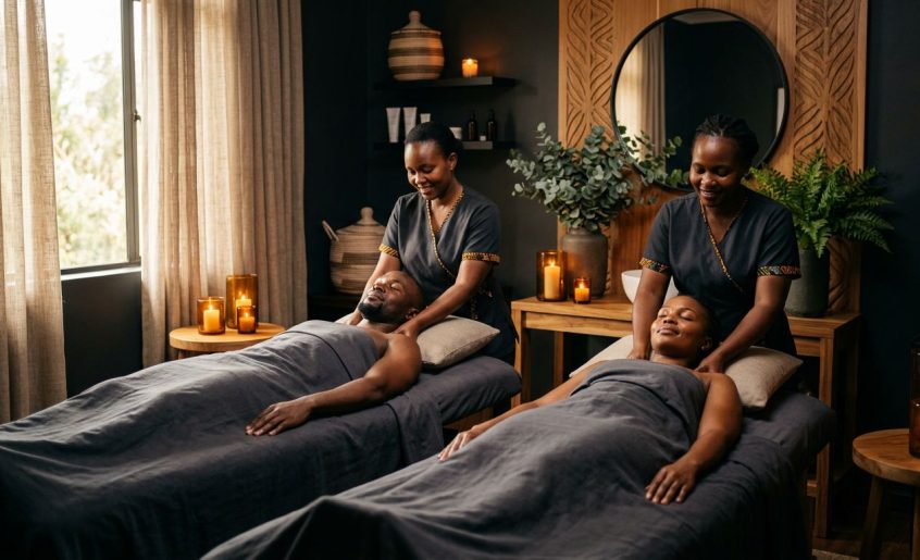 Two people receive synchronized shoulder massages from therapists in a warmly lit spa.