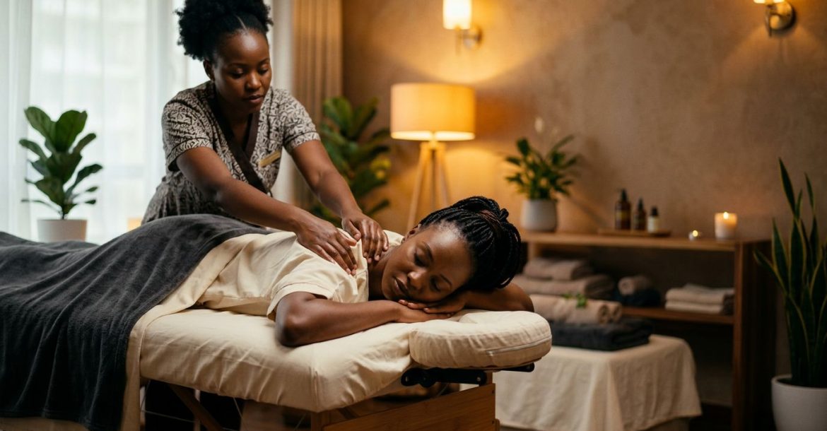 A therapist massages a woman’s shoulders on a table in a warmly lit home spa.