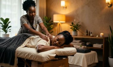 A therapist massages a woman’s shoulders on a table in a warmly lit home spa.