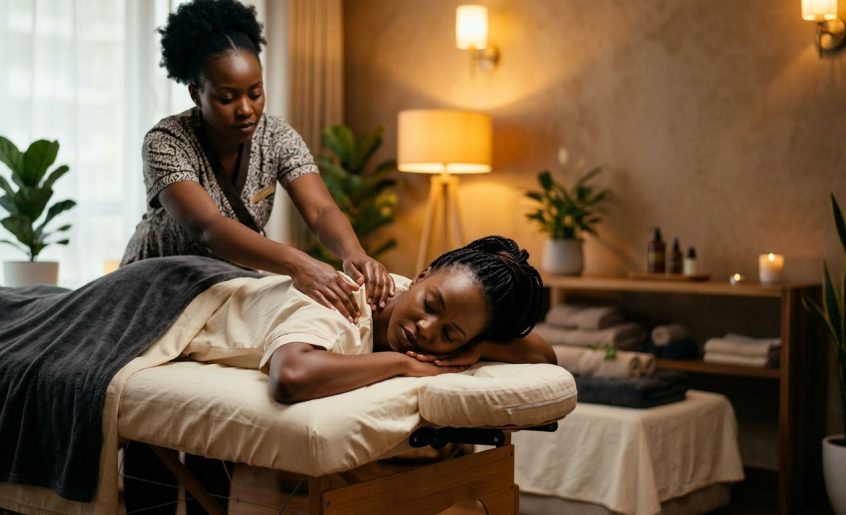 A therapist massages a woman’s shoulders on a table in a warmly lit home spa.