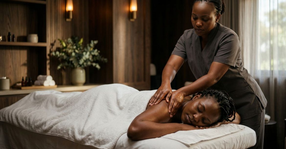 A woman receives a shoulder massage from a therapist in a warmly lit spa.