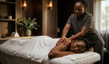 A woman receives a shoulder massage from a therapist in a warmly lit spa.