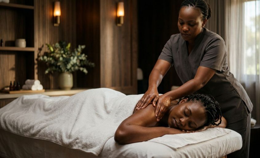 A woman receives a shoulder massage from a therapist in a warmly lit spa.
