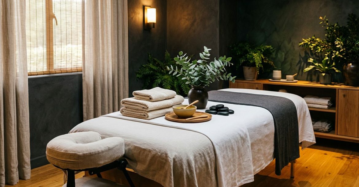 A prepared massage table with cream towels, oils, stones, and plants in a warmly lit spa.