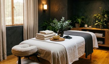 A prepared massage table with cream towels, oils, stones, and plants in a warmly lit spa.