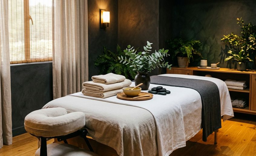 A prepared massage table with cream towels, oils, stones, and plants in a warmly lit spa.