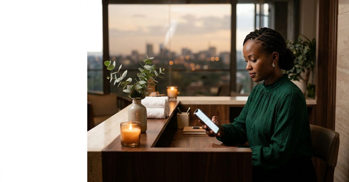 Woman compares spa options on a phone at a calm Nairobi reception desk.