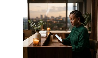 Woman compares spa options on a phone at a calm Nairobi reception desk.