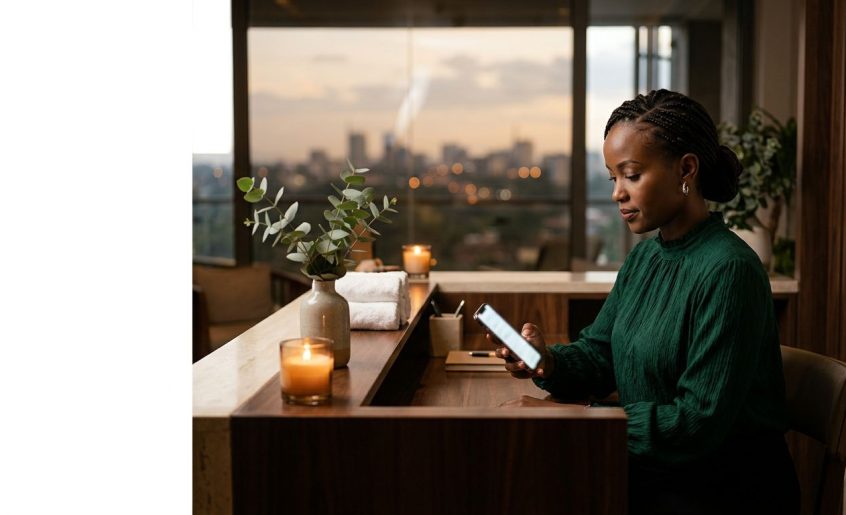 Woman compares spa options on a phone at a calm Nairobi reception desk.