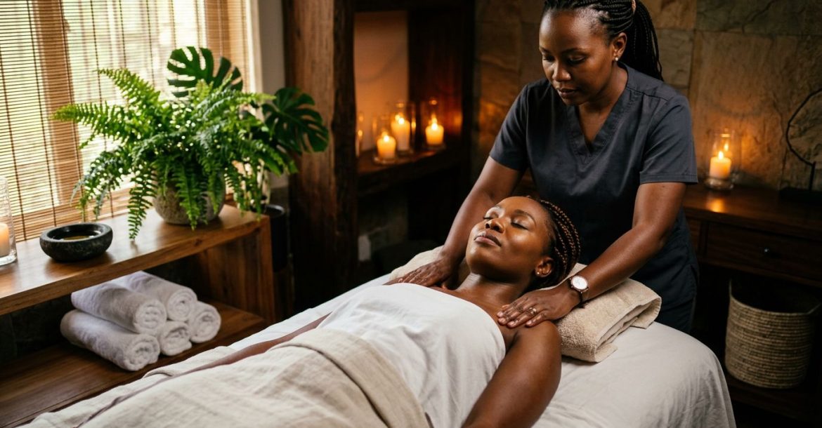 A woman receives a shoulder massage in a warmly lit spa room.