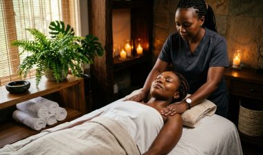 A woman receives a shoulder massage in a warmly lit spa room.