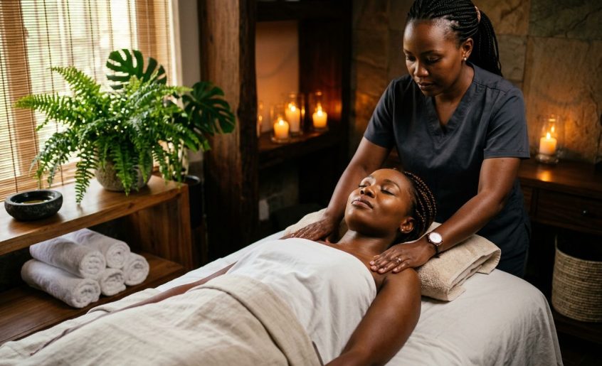 A woman receives a shoulder massage in a warmly lit spa room.