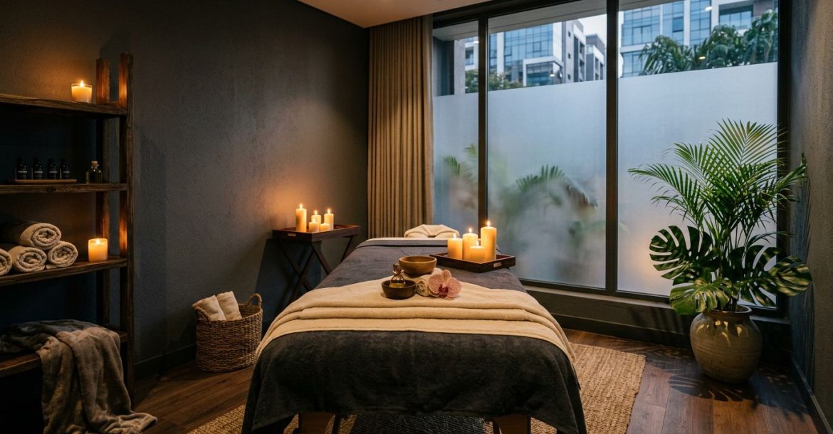 A quiet massage room with towels, greenery, candlelight, and frosted glass.