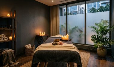 A quiet massage room with towels, greenery, candlelight, and frosted glass.