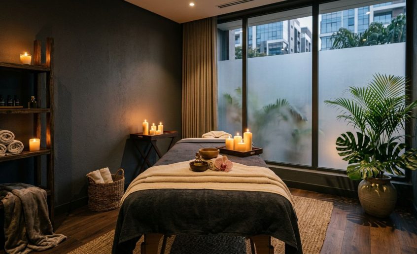 A quiet massage room with towels, greenery, candlelight, and frosted glass.