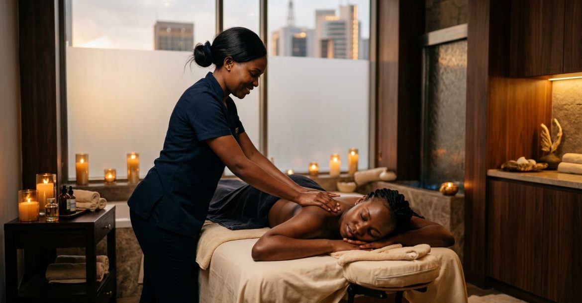 Therapist massaging a client in a warmly lit Nairobi spa room.