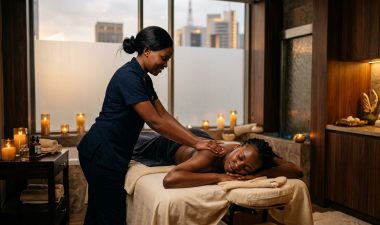 Therapist massaging a client in a warmly lit Nairobi spa room.