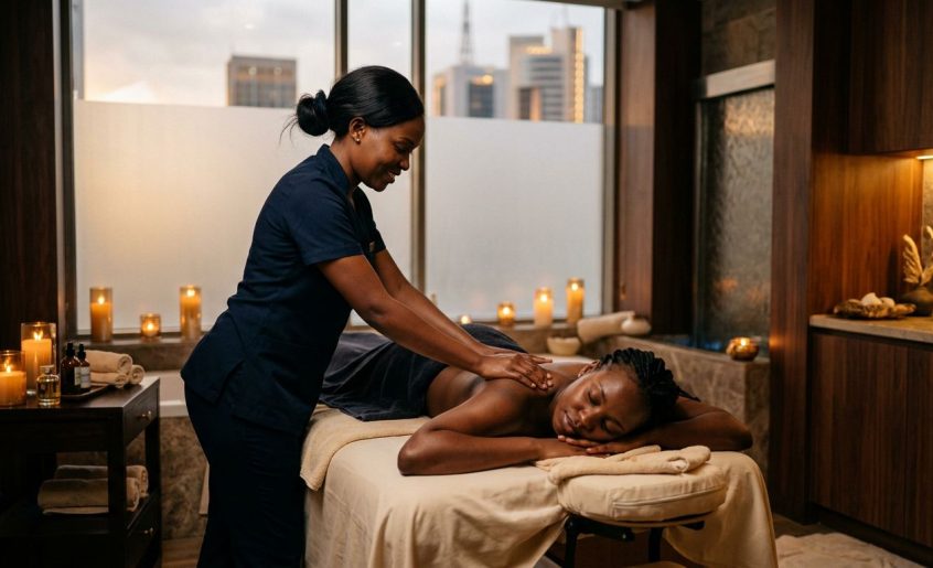 Therapist massaging a client in a warmly lit Nairobi spa room.