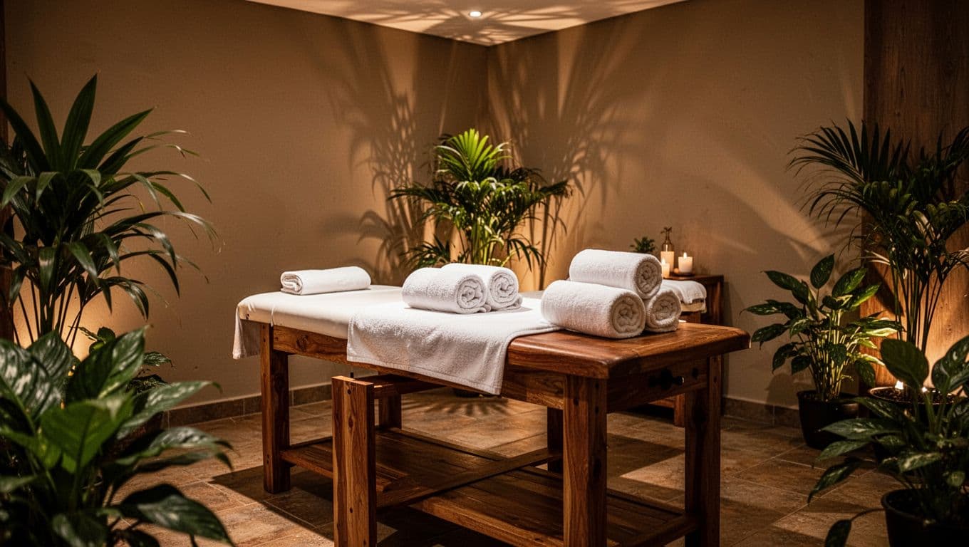 Serene Nairobi massage room with rolled towels, green plants, and warm lighting.
