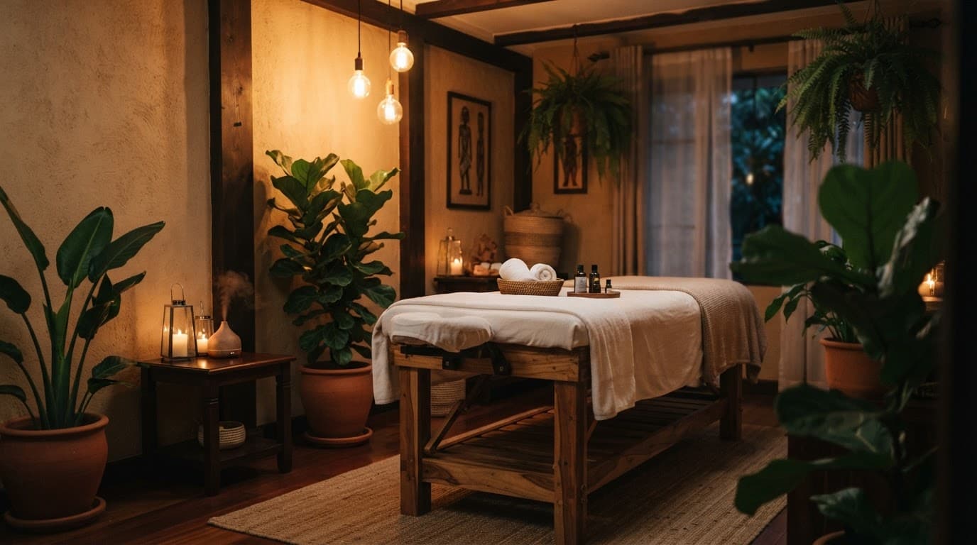 A massage table with white towels and green plants in a warmly lit spa room.