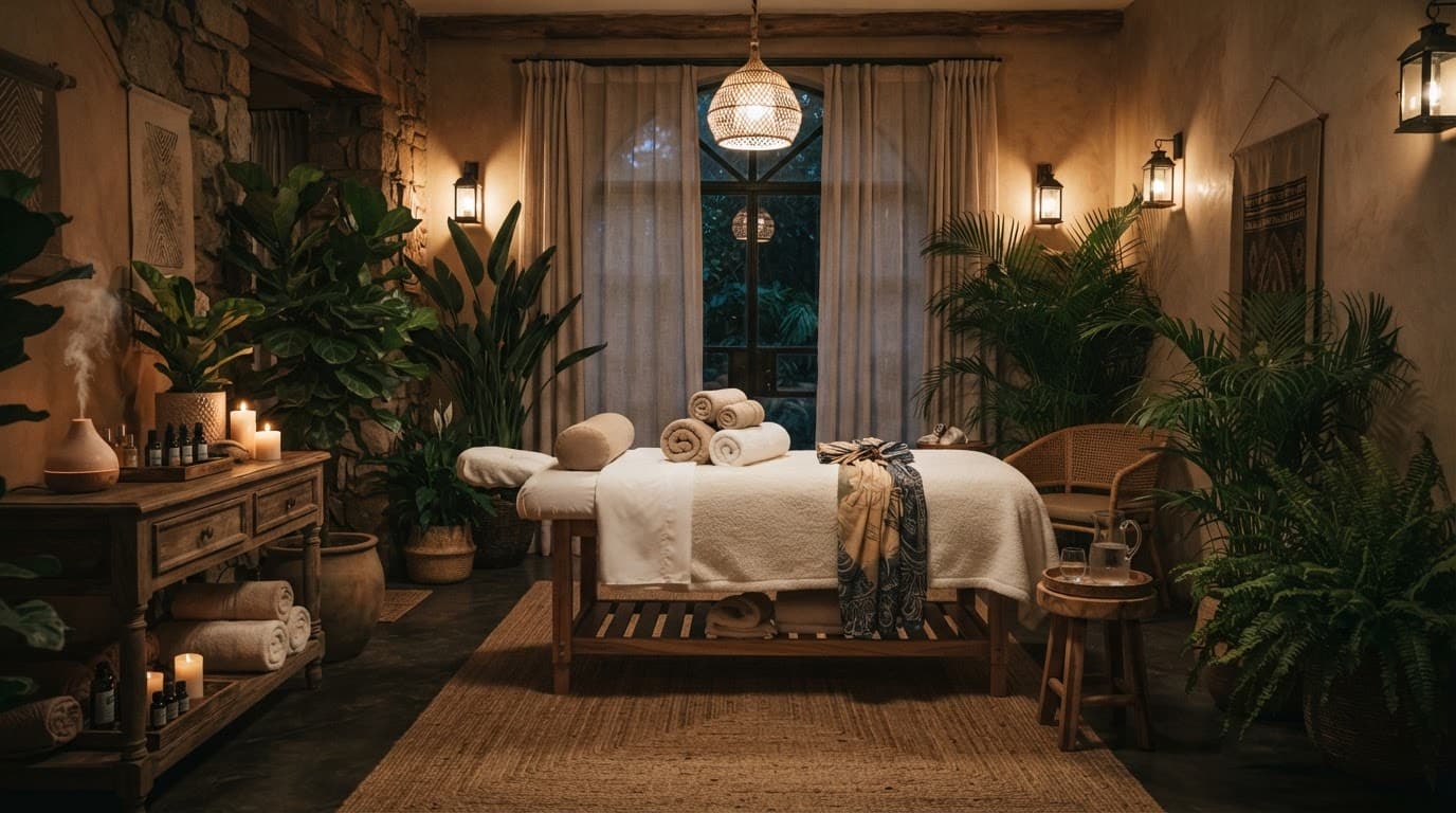 A massage table with rolled towels and plants in a warmly lit spa room.