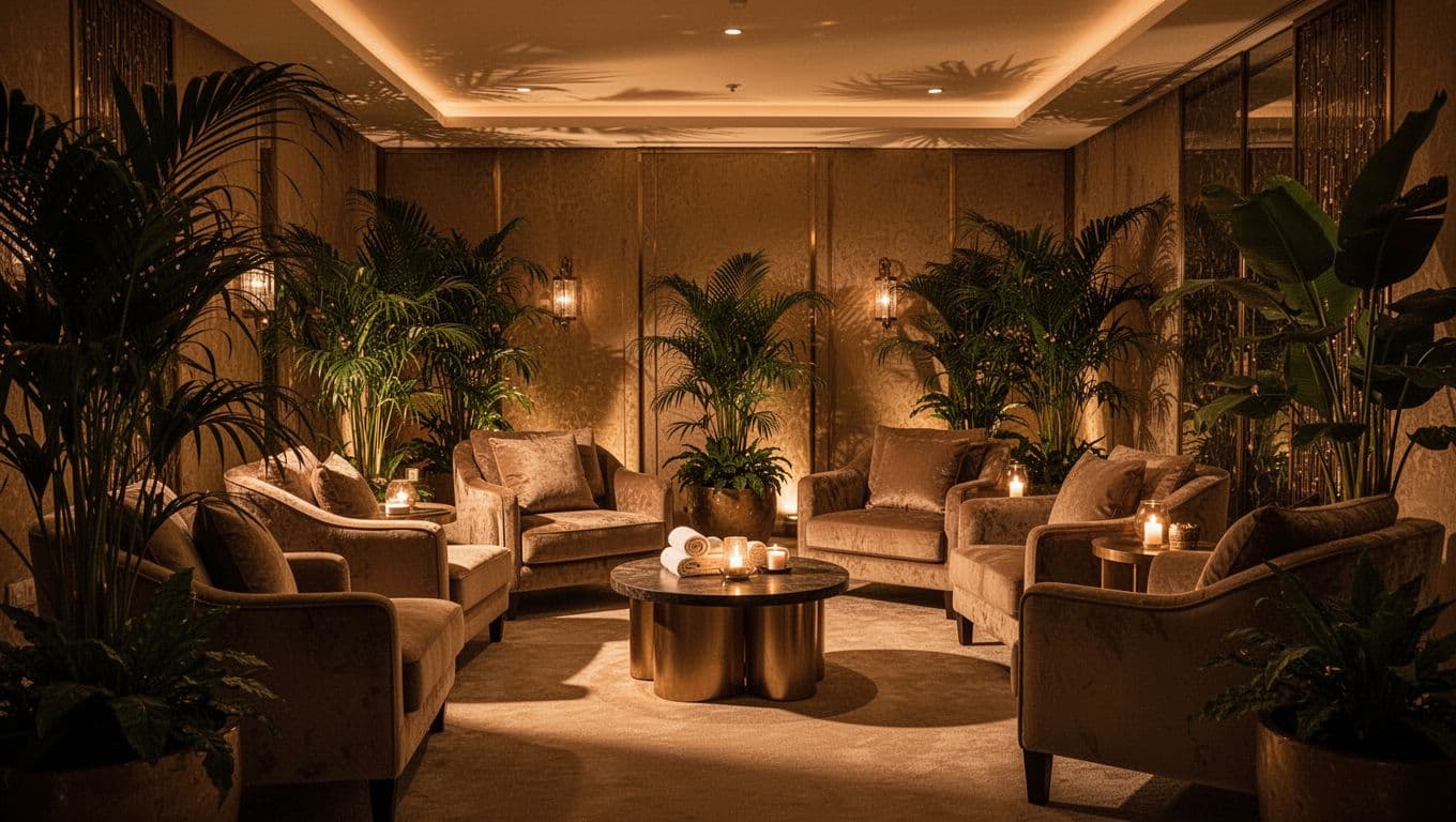 Cozy spa lounge with plush chairs, warm lights, and indoor plants.