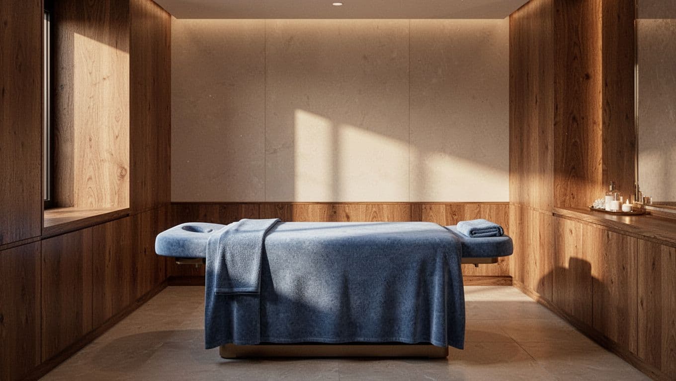 A blue massage table in a warmly lit room with wooden accents.