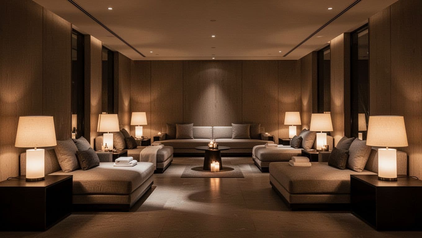 Elegant spa lounge with plush seating and warm lamps in deep shadow.