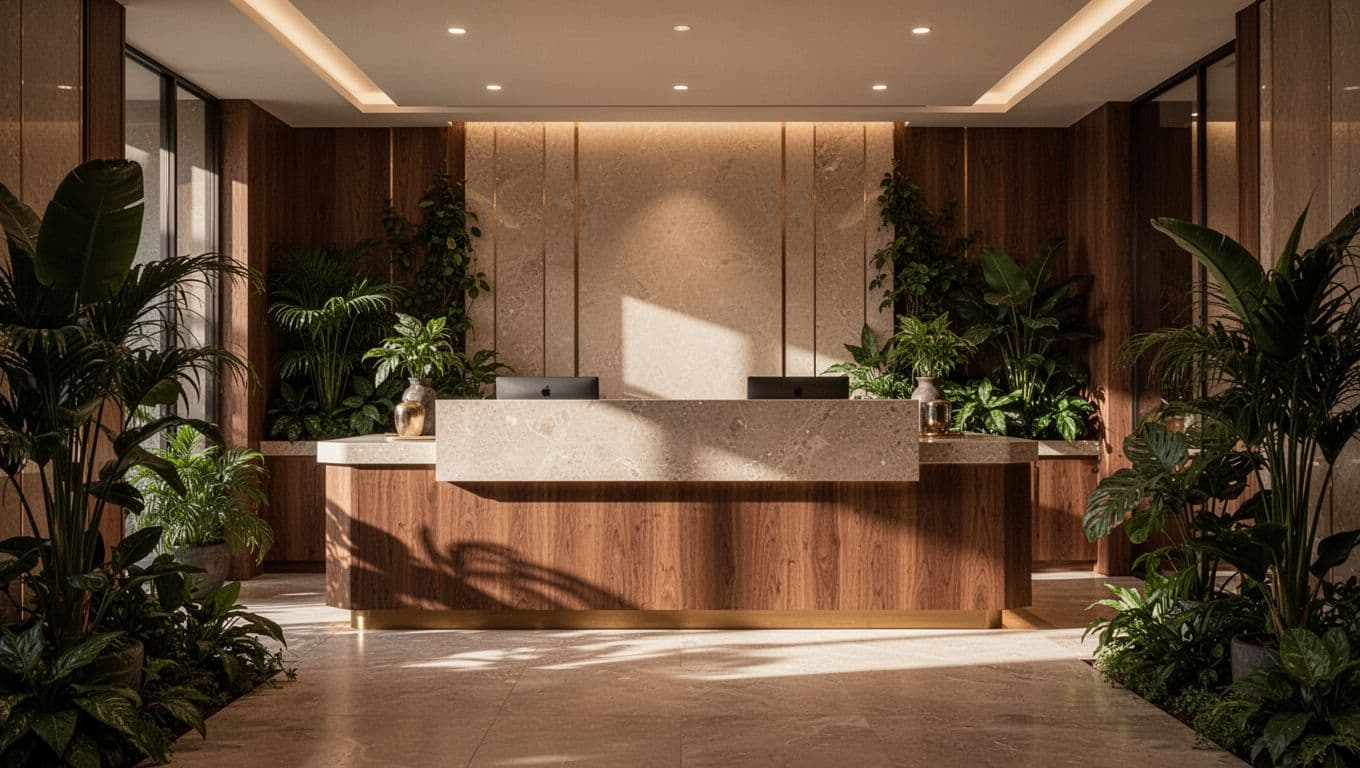 A luxury spa reception desk with plants, stone surfaces, and warm lighting.