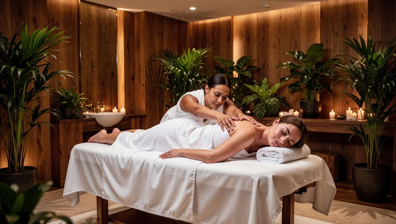 A therapist massages a client beside a white treatment table in a softly lit spa room.