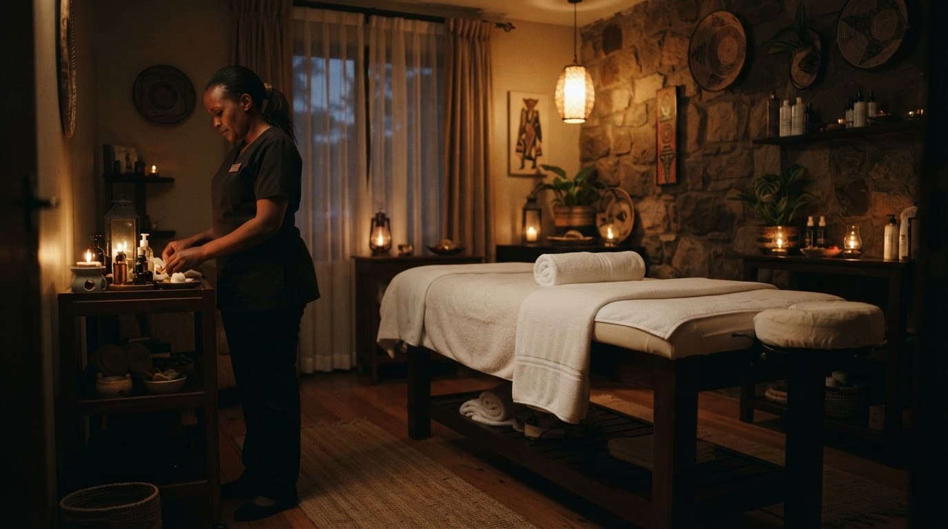 A therapist prepares a massage room with a table, towels, and warm lighting.