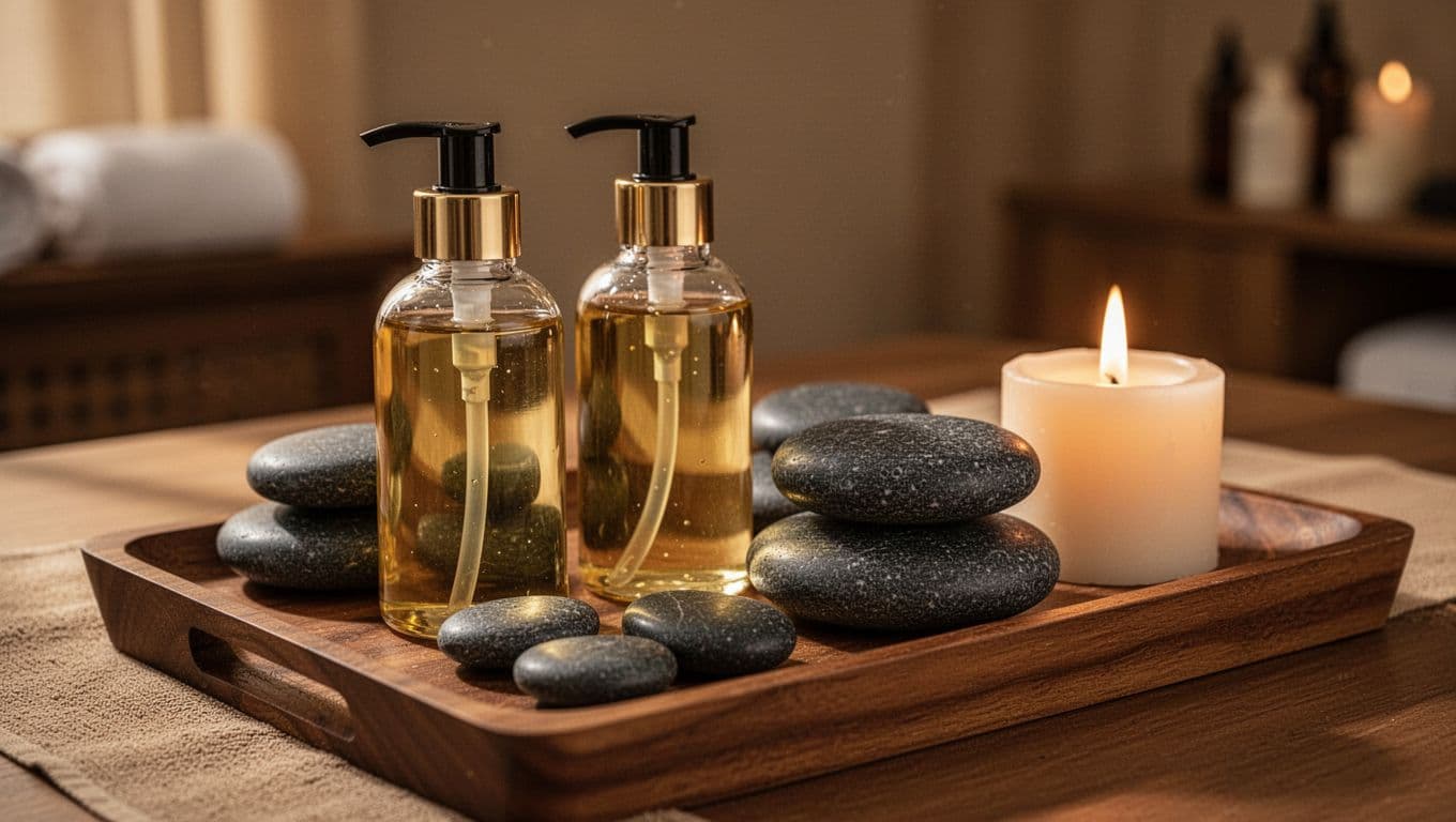 Massage oil bottles and basalt stones sit on a wooden tray beside a lit candle.