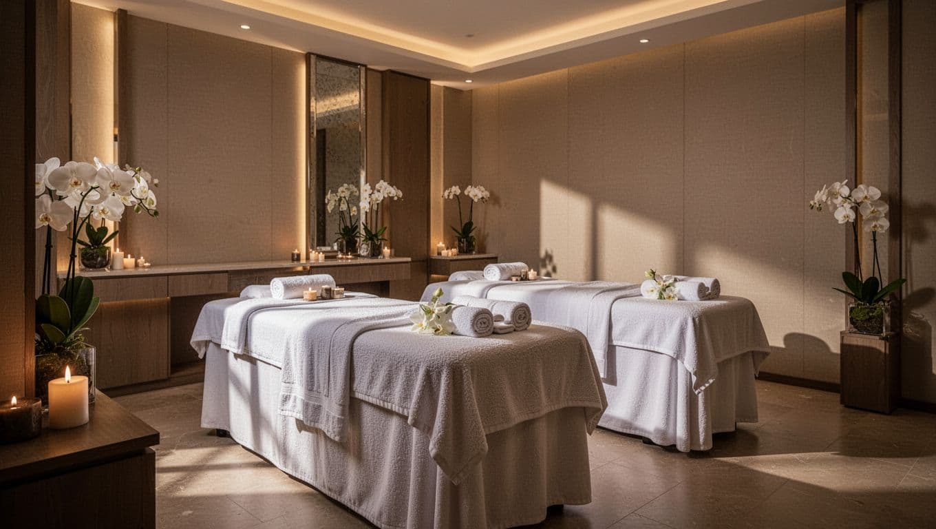 Two massage tables with towels and flowers in a warmly lit spa room.
