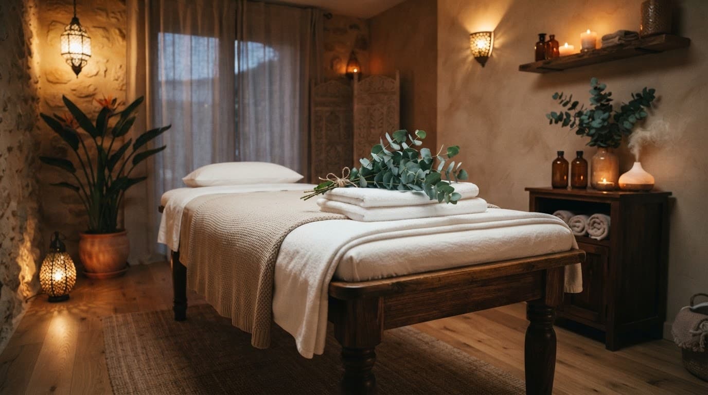 A warmly lit spa room with a wooden massage table, towels, and eucalyptus branches.