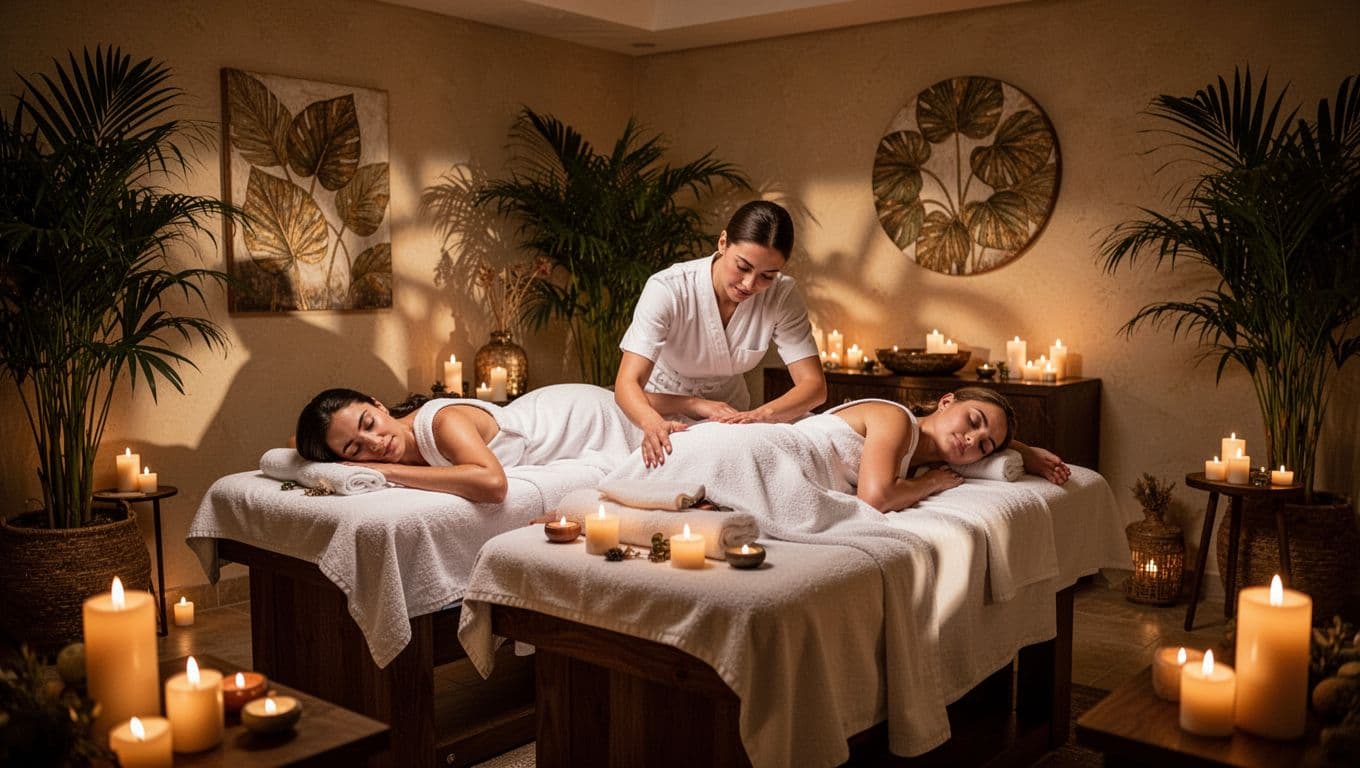 Two people receive massages on adjacent tables in a warmly lit tropical spa.