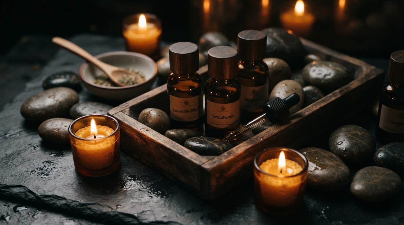 Massage oil bottles, candles, and river stones arranged on a wooden tray.