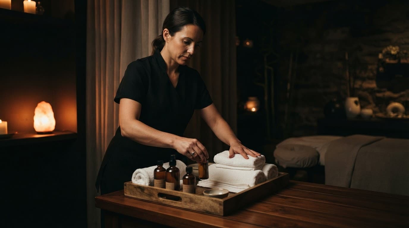A massage therapist arranges white towels and herbal oils on a wooden tray in a dim spa room.