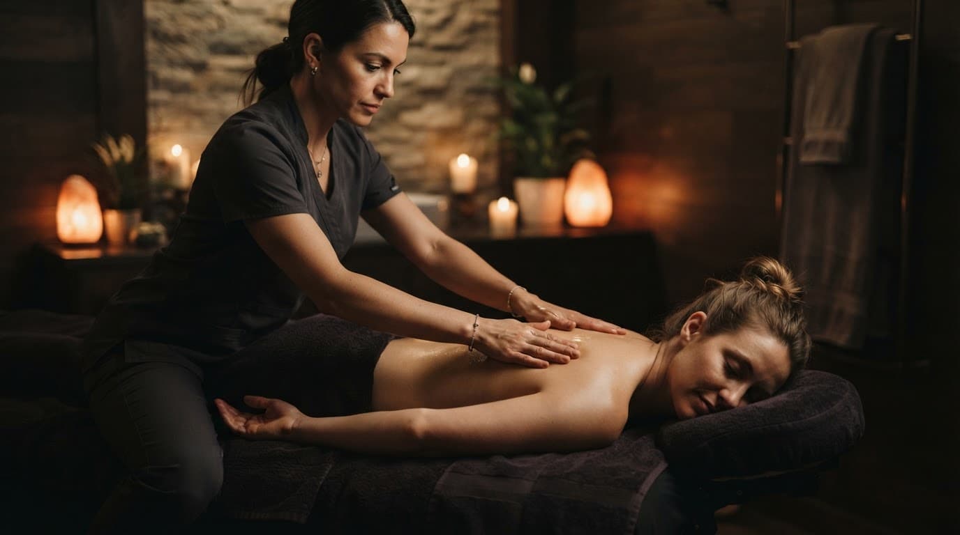 A therapist gives a Swedish massage to a client on a table in a softly lit spa.