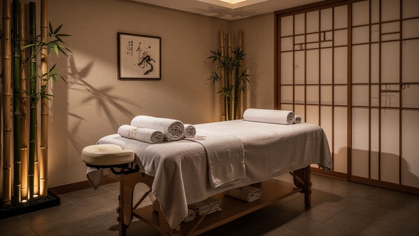 A massage table with rolled towels in a warmly lit spa room.